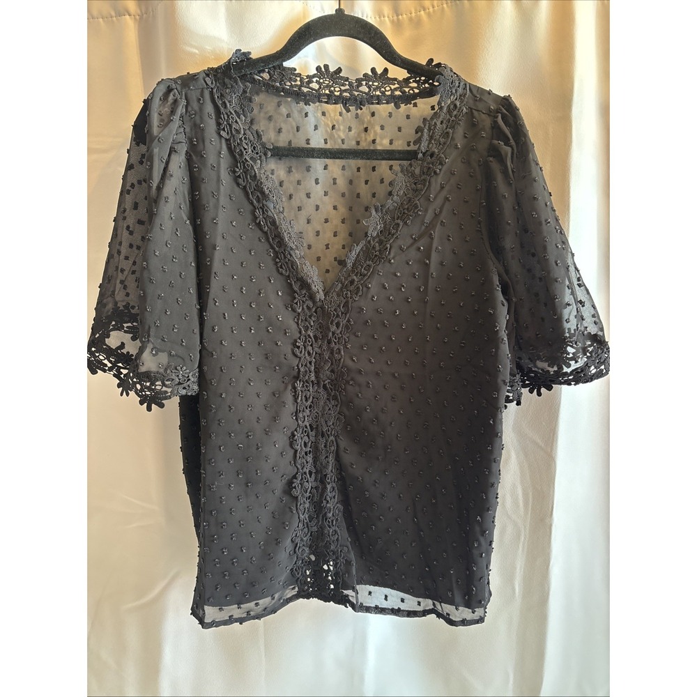Black V Neck‎ Blouse Top XS Whimsigoth Witchy Crochet Swiss Dot Y2K Fairy Grunge